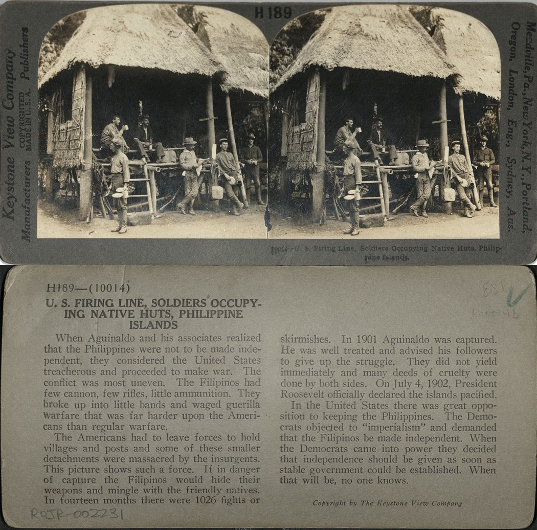 U. S. Firing Line, Soldiers Occupying Native Huts, Philippine Islands.